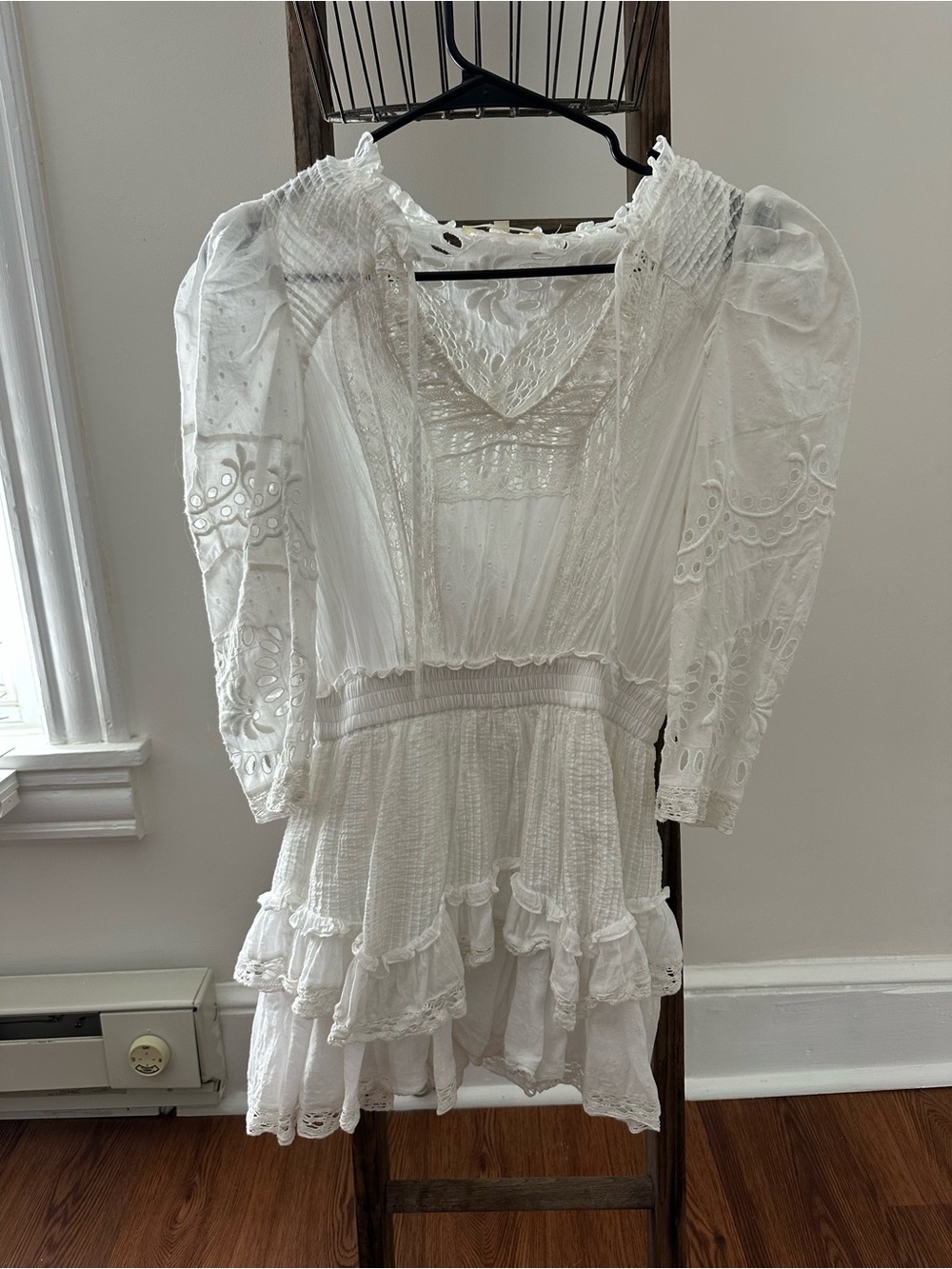 Love Shack Fancy White Lace Mini Dress with Puff Sleeves